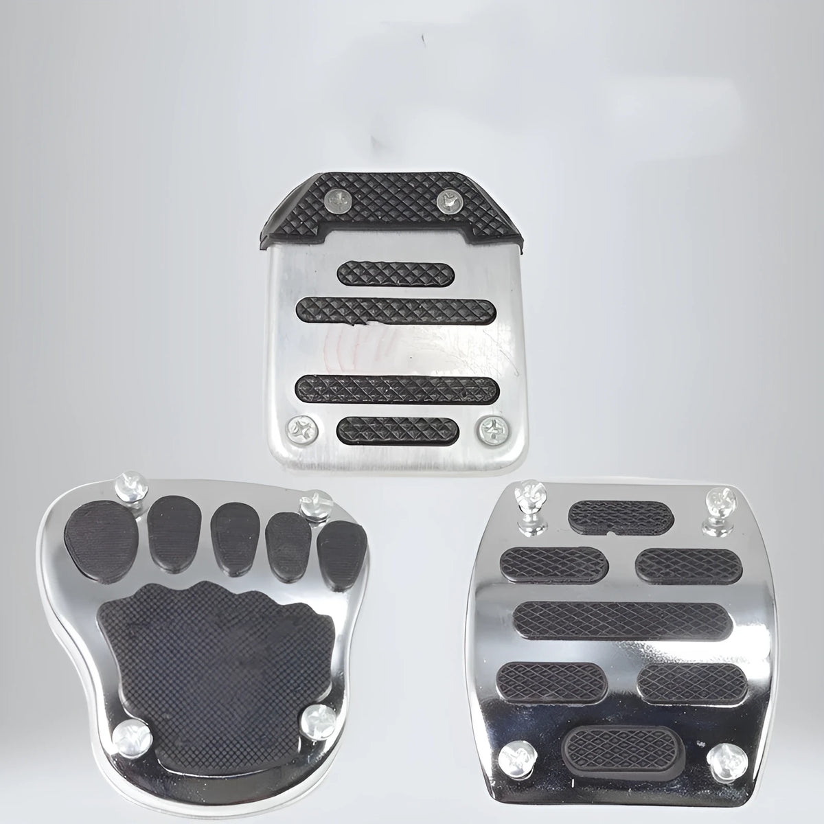 Metal motorcycle brake pedal skid plate shown in a universal fit design for bikes and scooters.