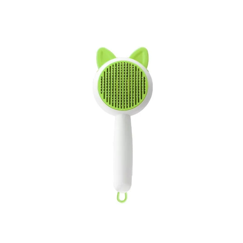 Self-cleaning pet brush with stainless steel bristles in greenish white colour