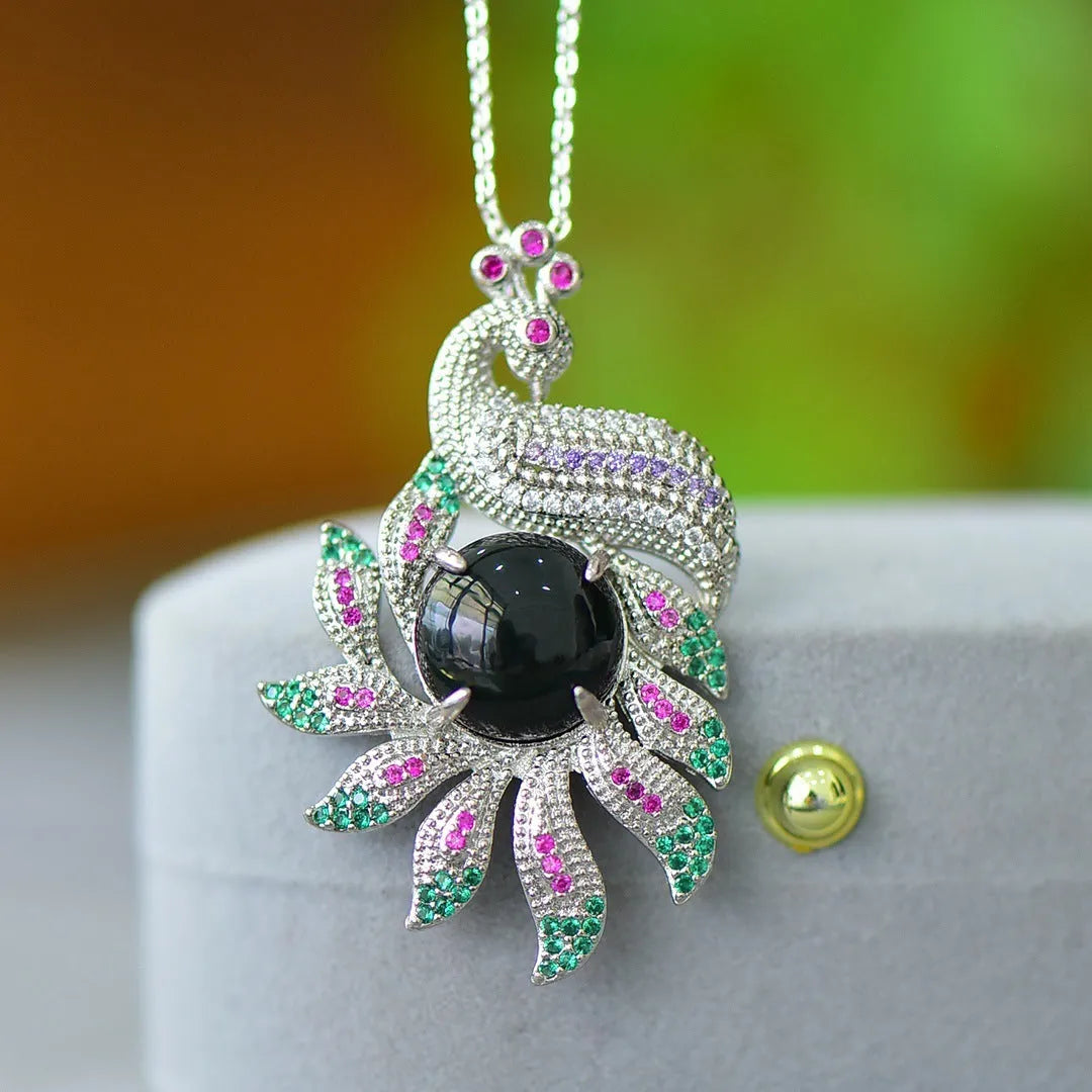 Modern natural Hetian grey jade pendant with copper inlay and ink-blue jade accents on a necklace chain.