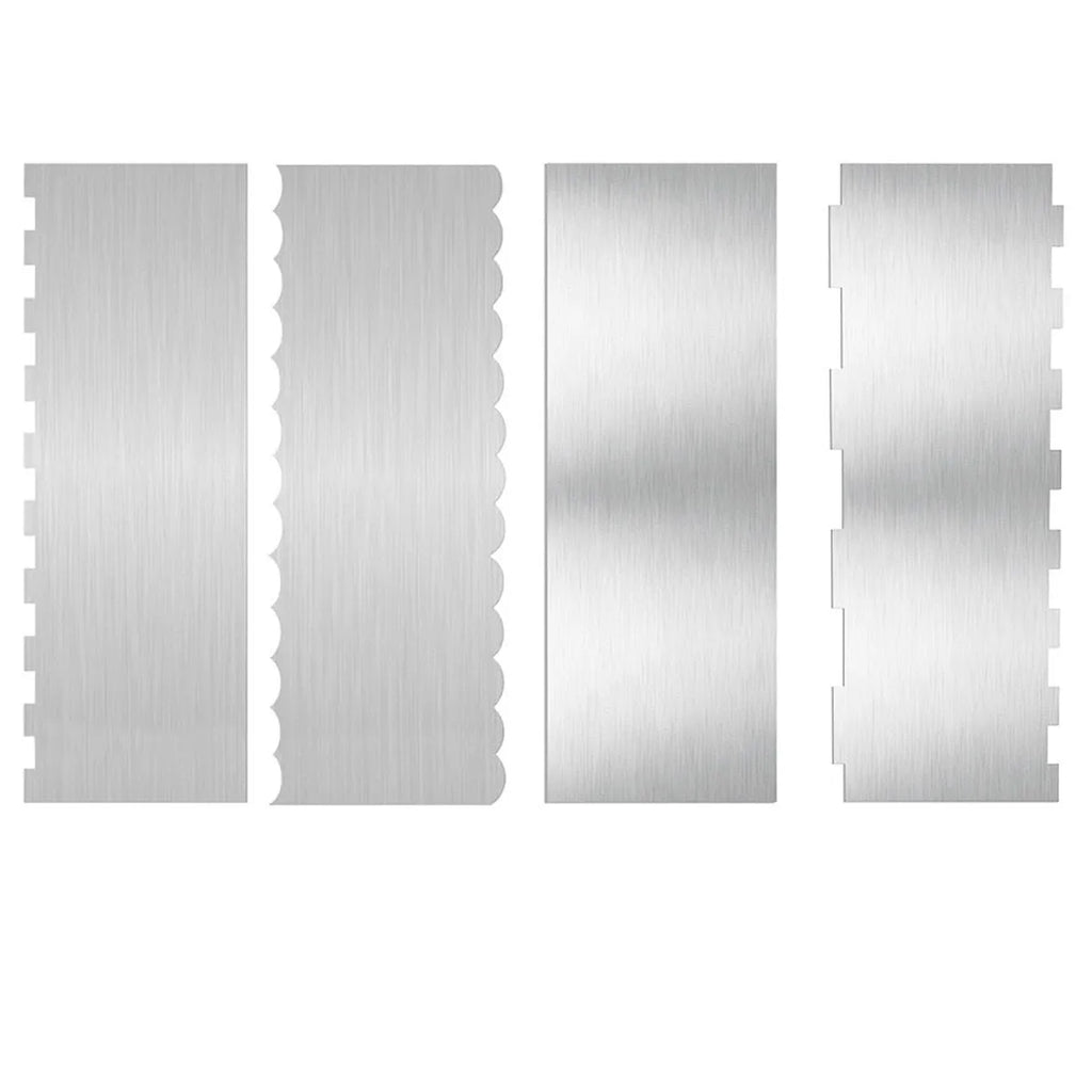 Stainless steel cake cream scraper tool with multiple polygon pattern edges for decorating.