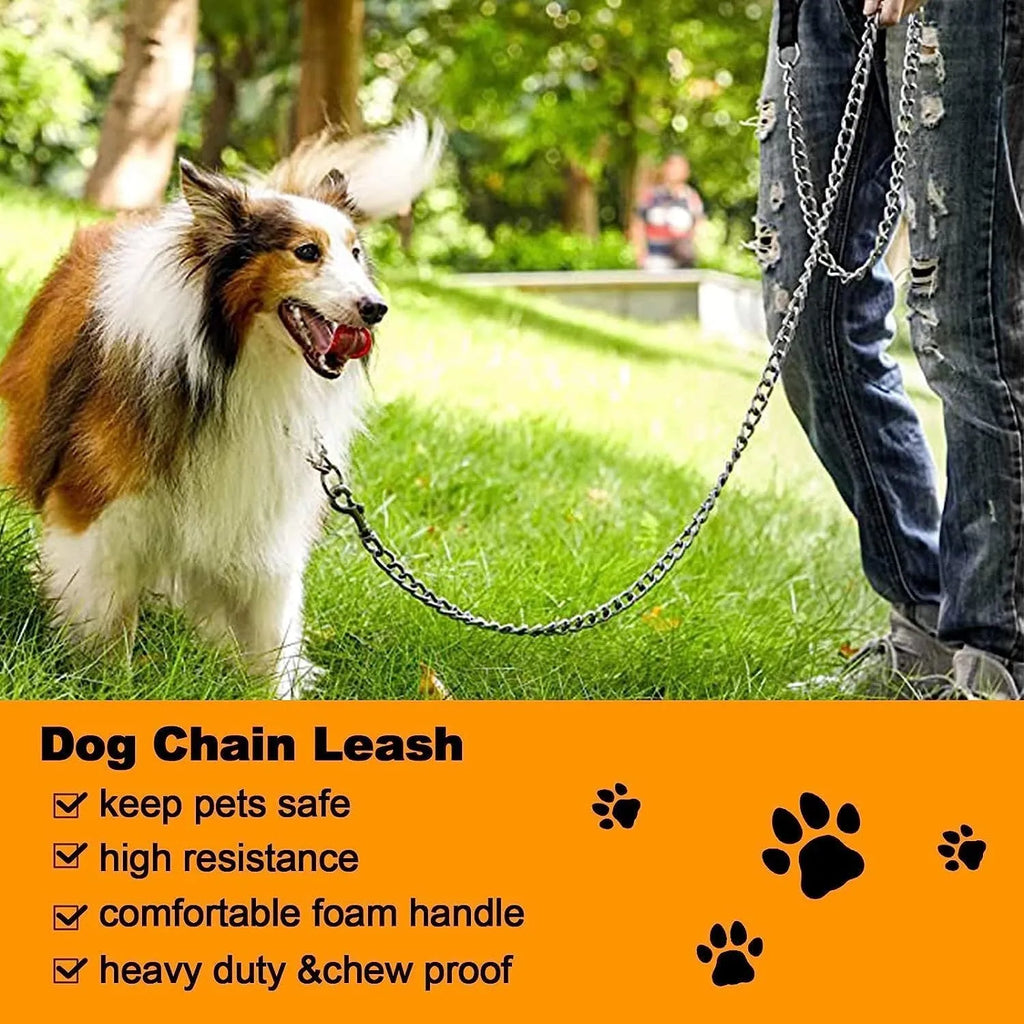 Heavy duty metal dog chain leash with soft black padded handle for large dogs