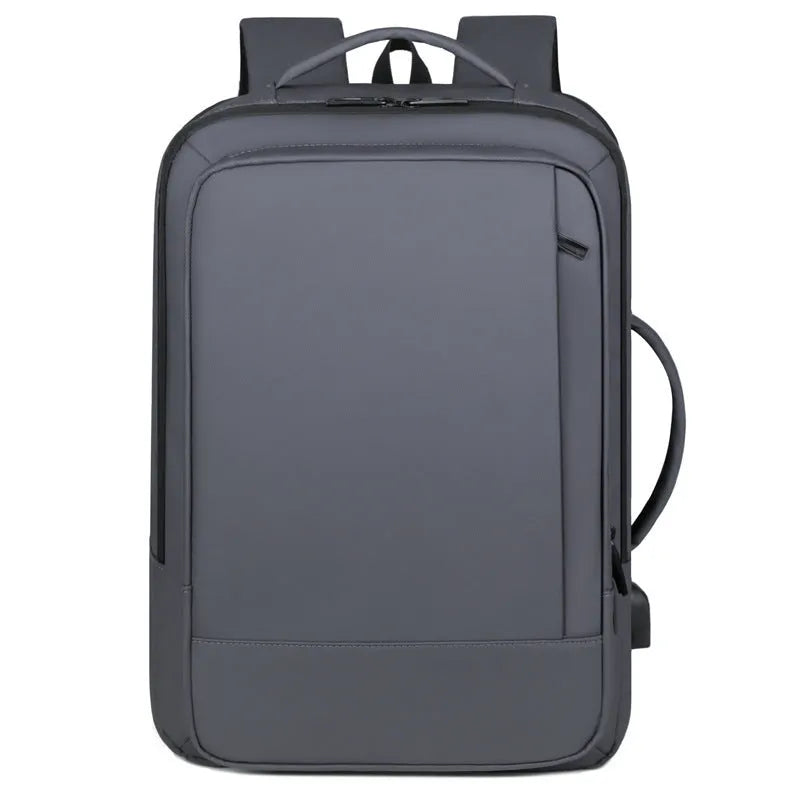 Men's black and grey waterproof Oxford cloth backpack with curved shoulder straps for business and outdoor travel