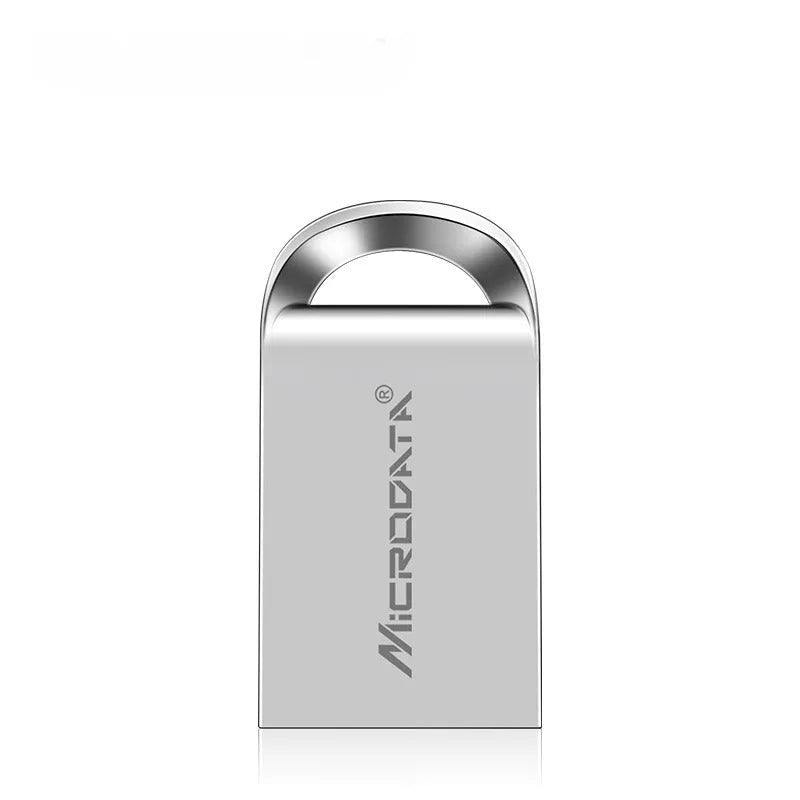 Silver metal USB flash drive on a keyring chain against a dark background