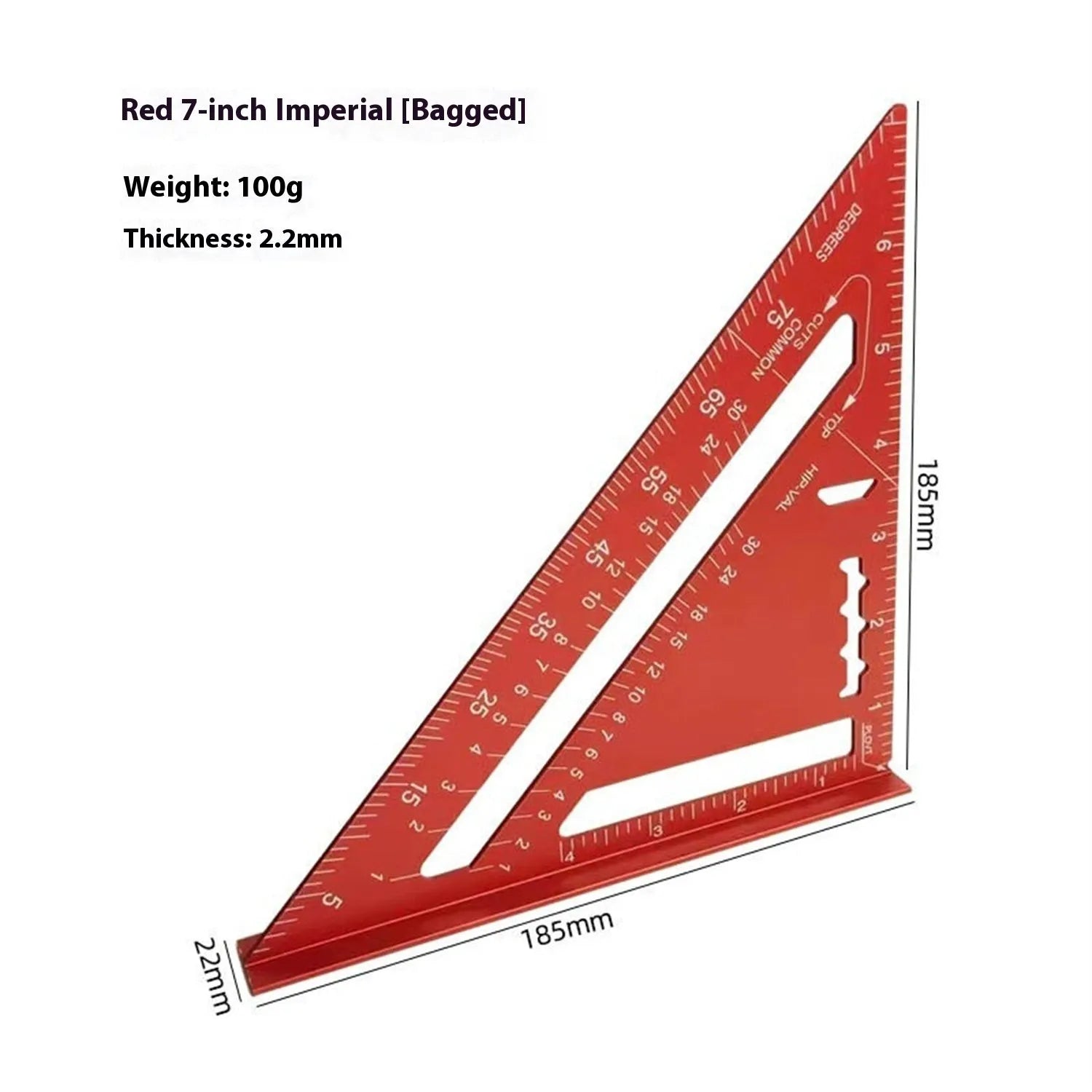 Red thin metal combination angle ruler with metric scale and transparent carry bag.