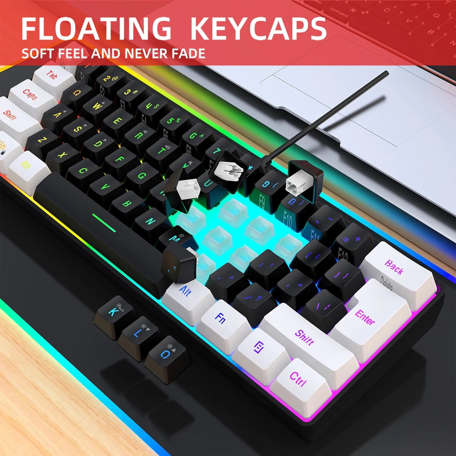 Simple wired 61 key membrane keyboard with UK layout and 1.7 metre cable in white and black colour