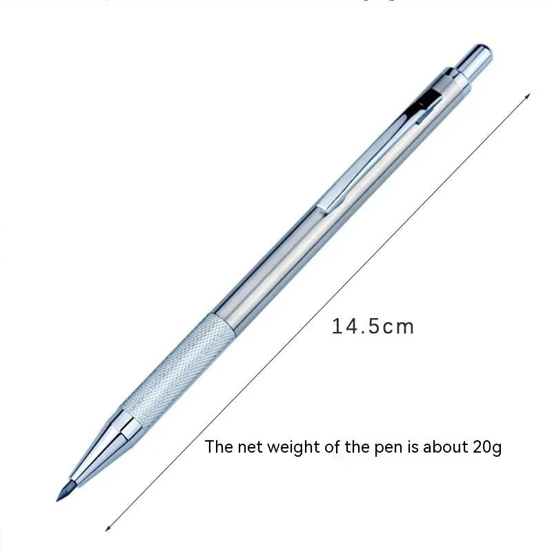 Metal automatic mechanical pencil with five lead size options displayed with 2B refills