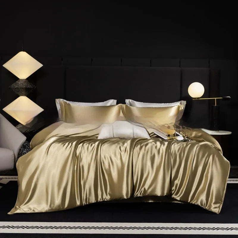 Silk bedding four-piece set in solid colour showing modern simple design with quilt cover and pillowcases