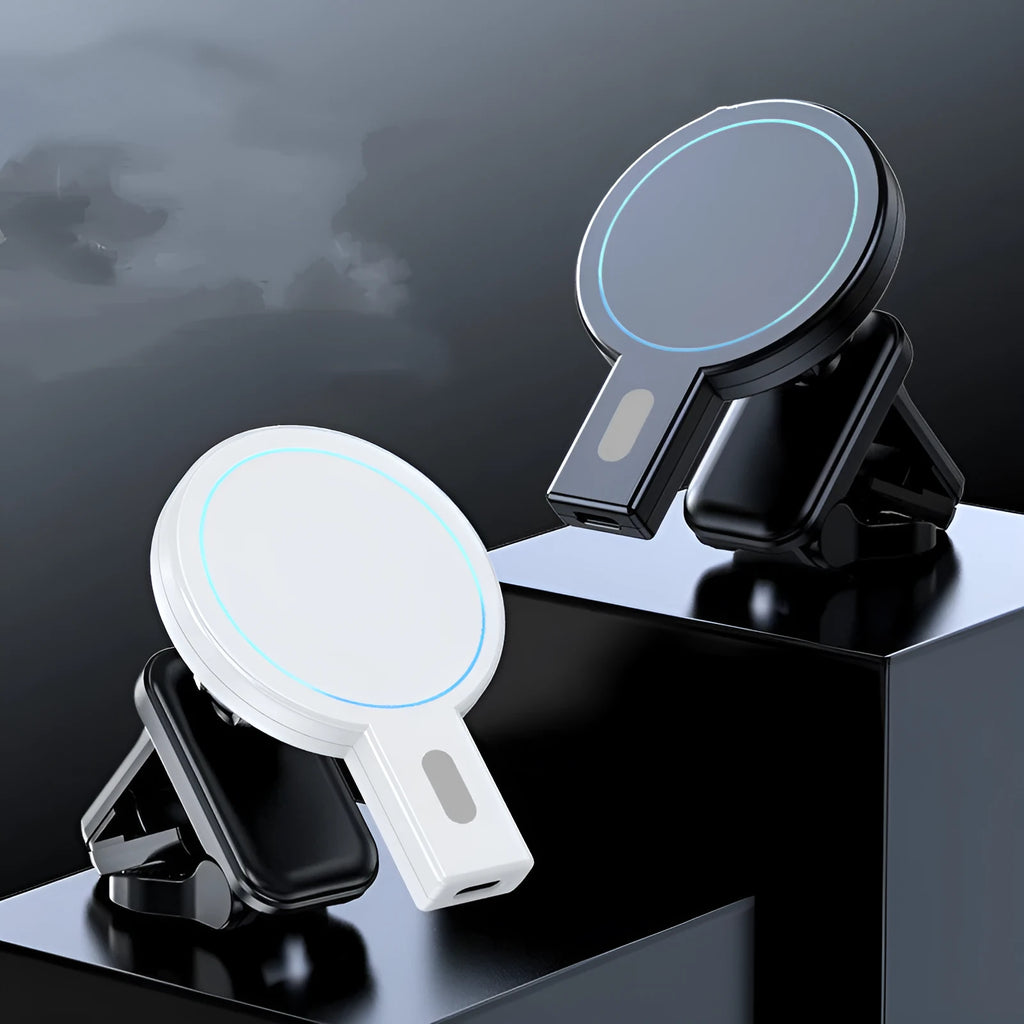 Black and white magnetic wireless charger on a desk with charging cable.