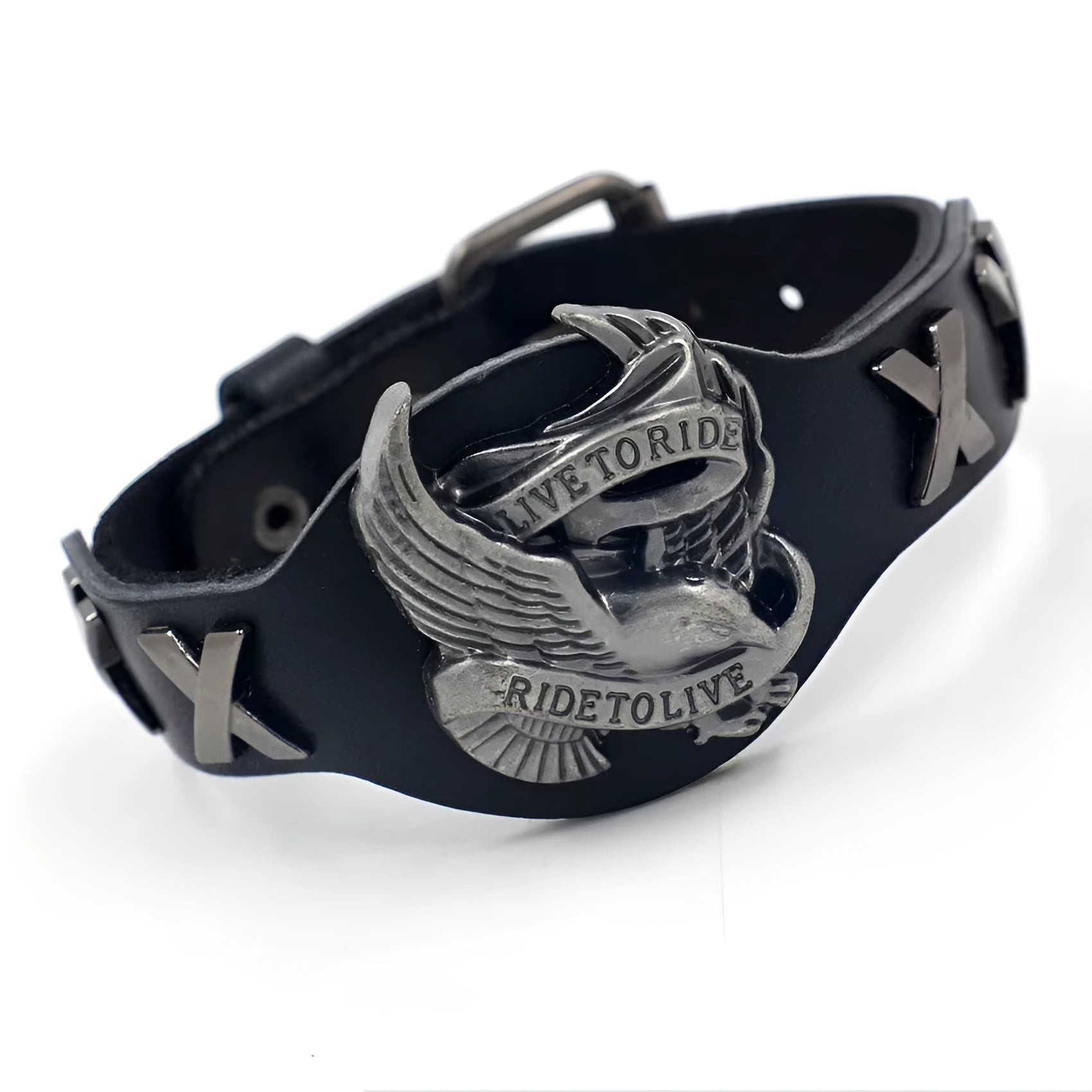 Black geometric leather bracelet with alloy eagle clasp showing width variation