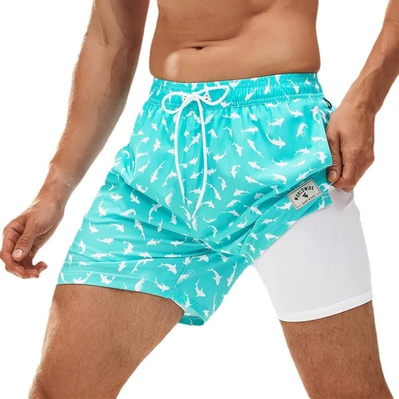 Men's loose quick-drying swimming trunks in floral pattern with boxer-style cut