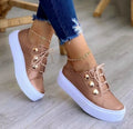 Women's lace-up flats sneakers with rivet detailing and round toe in multiple colours