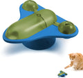 Interactive pet puzzle feeder toy with blue, green, and pink colour options, showing bell, catnip, and snack cabin.