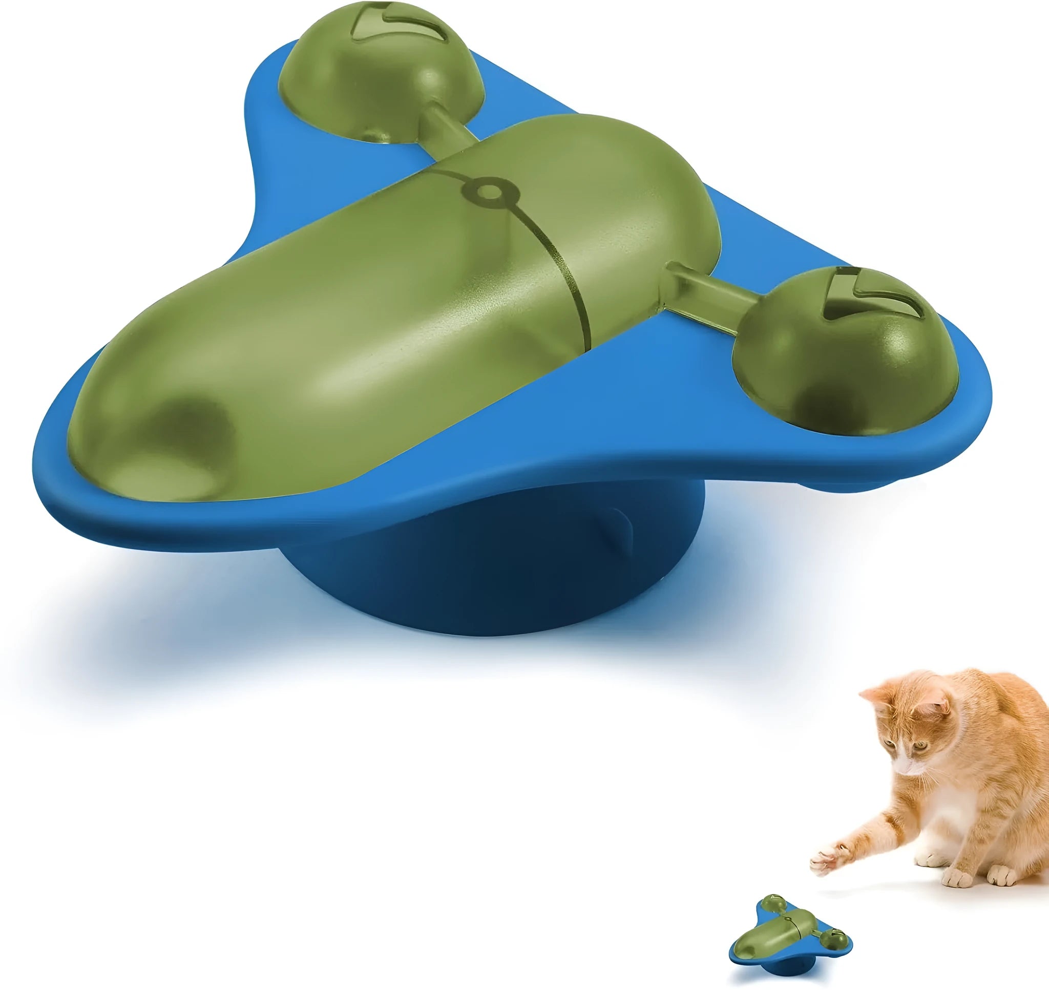 Interactive pet puzzle feeder toy with blue, green, and pink colour options, showing bell, catnip, and snack cabin.