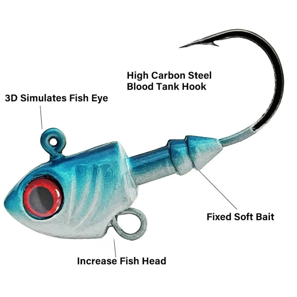 Three yayu shaped lead fishing jig hooks in different weights and colours on a blue background.