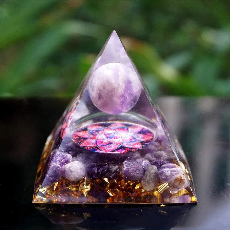 6cm resin pyramid decoration with embedded natural crystal gravel in geometric energy tower design