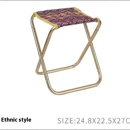 Black aluminium alloy folding camp stool with ethnic pattern, shown in folded and open positions.