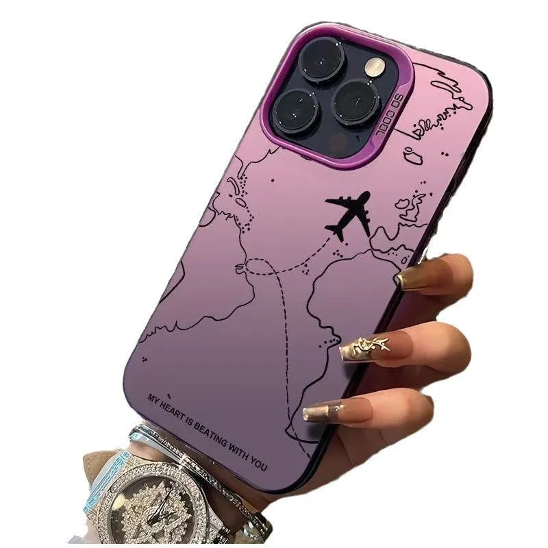 Silver PC hard phone case with flight map design in black, white, purple, or green for iPhone 11 to 16 Pro Max.