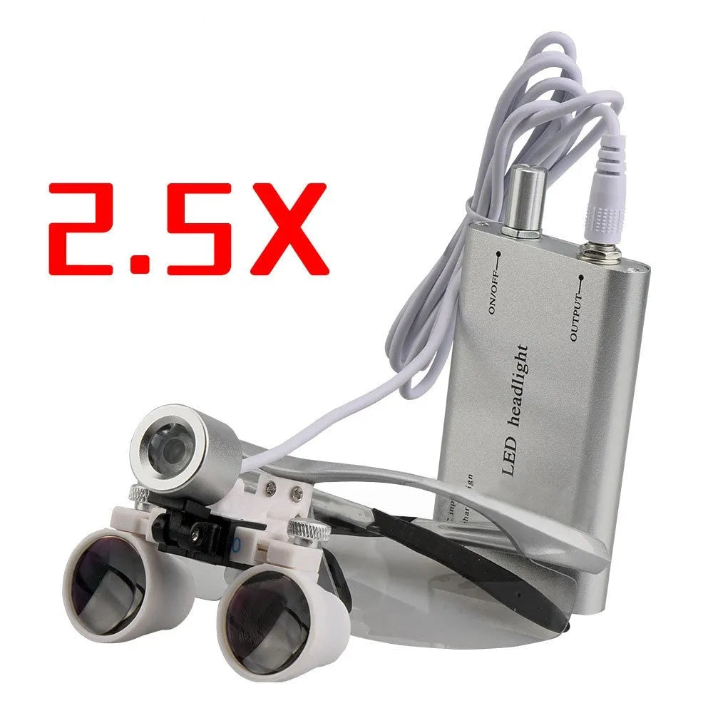 Black head-mounted dental magnifying glasses with LED light on adjustable headgear, shown with included charger and accessories.