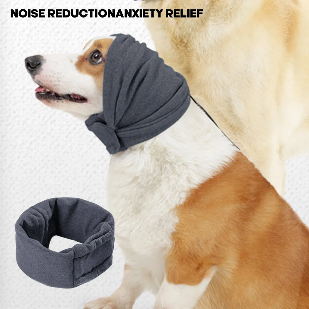 Black dog calming hoodie with ear covers on a pet, showing its multi-purpose use as a head warp and scarf.