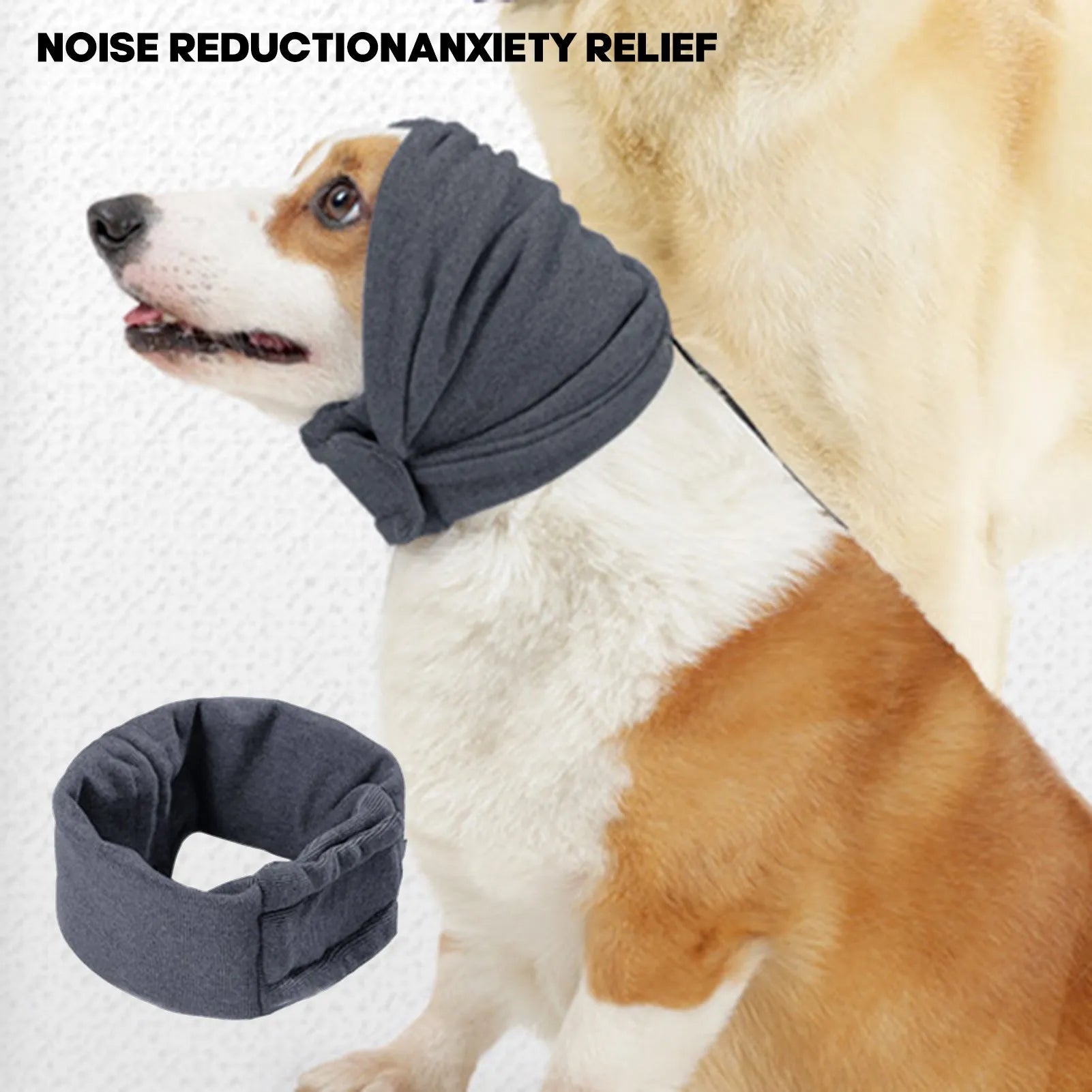 Black dog calming hoodie with ear covers on a pet, showing its multi-purpose use as a head warp and scarf.
