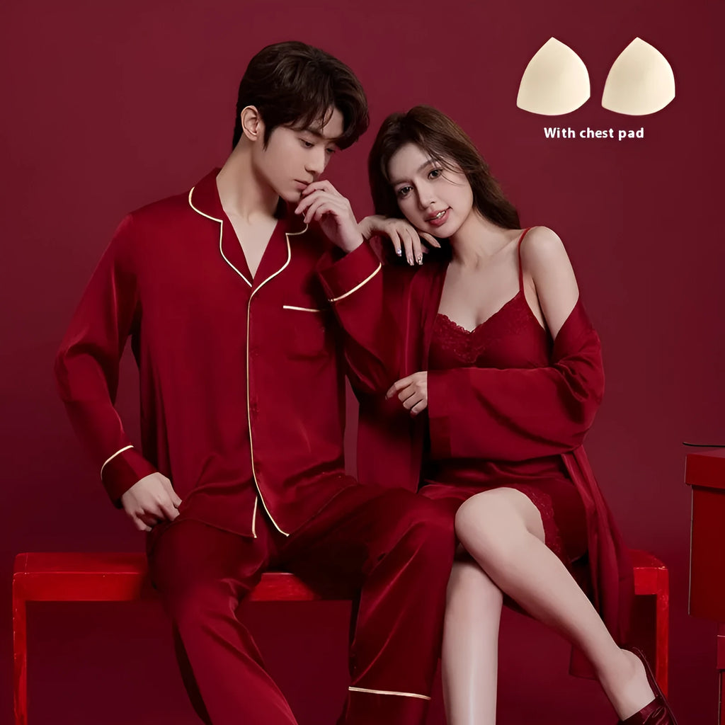 Red polyester pyjama set for men and women with long sleeves and trousers