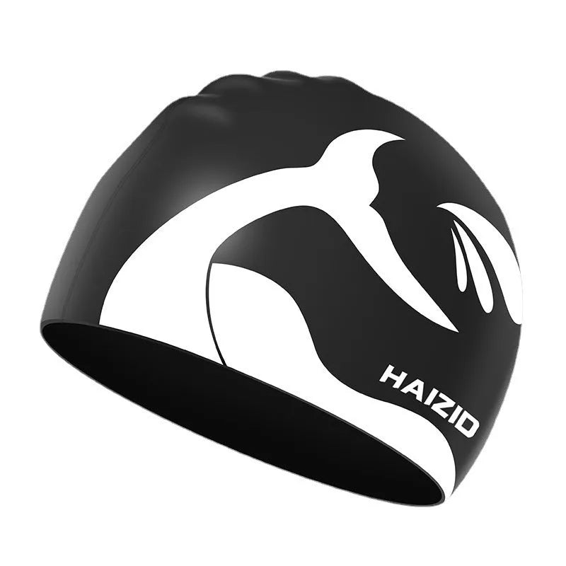 Silicone swimming cap with whale tail pattern and waterproof ear protectors in various colour options