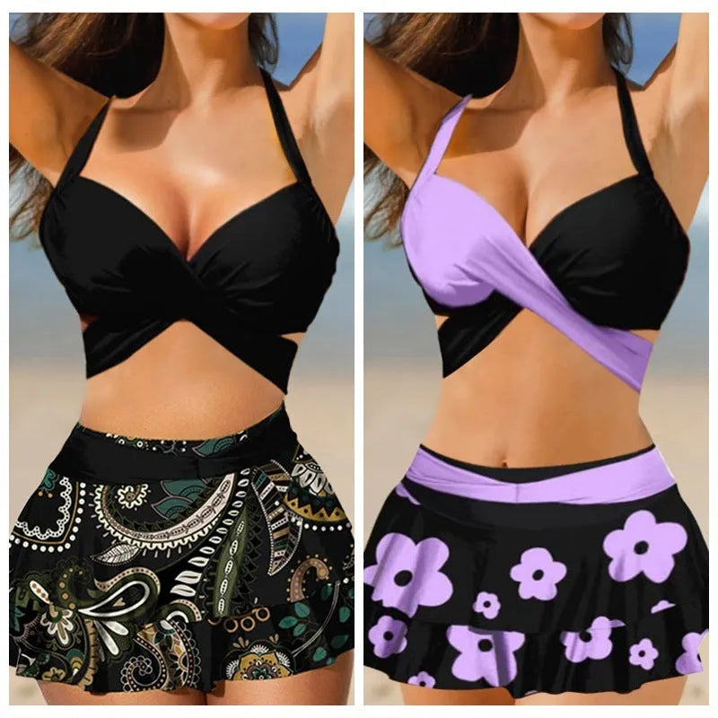 Purple women's high-waisted bikini swimsuit with skirt overlay and lace-up back detail