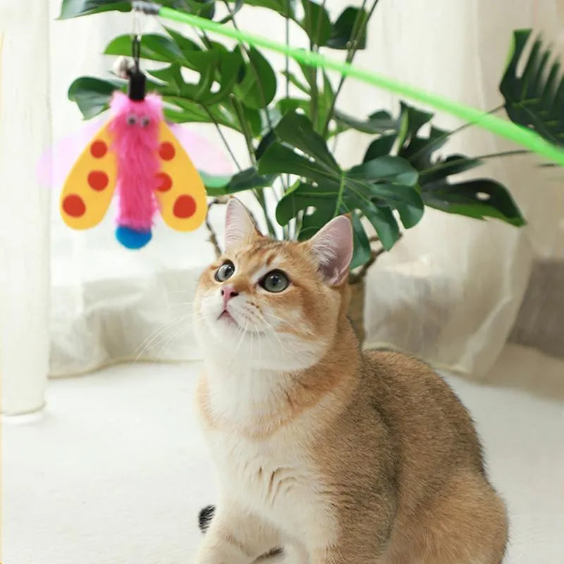 49cm cat wand toy with dragonfly bell attachment in colourful feathers for indoor cat play