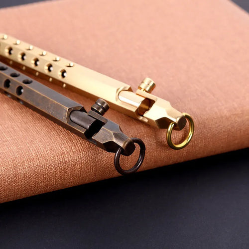 Brass hexagonal bolt pen with 0.5MM refill in natural or black finish measuring 13cm