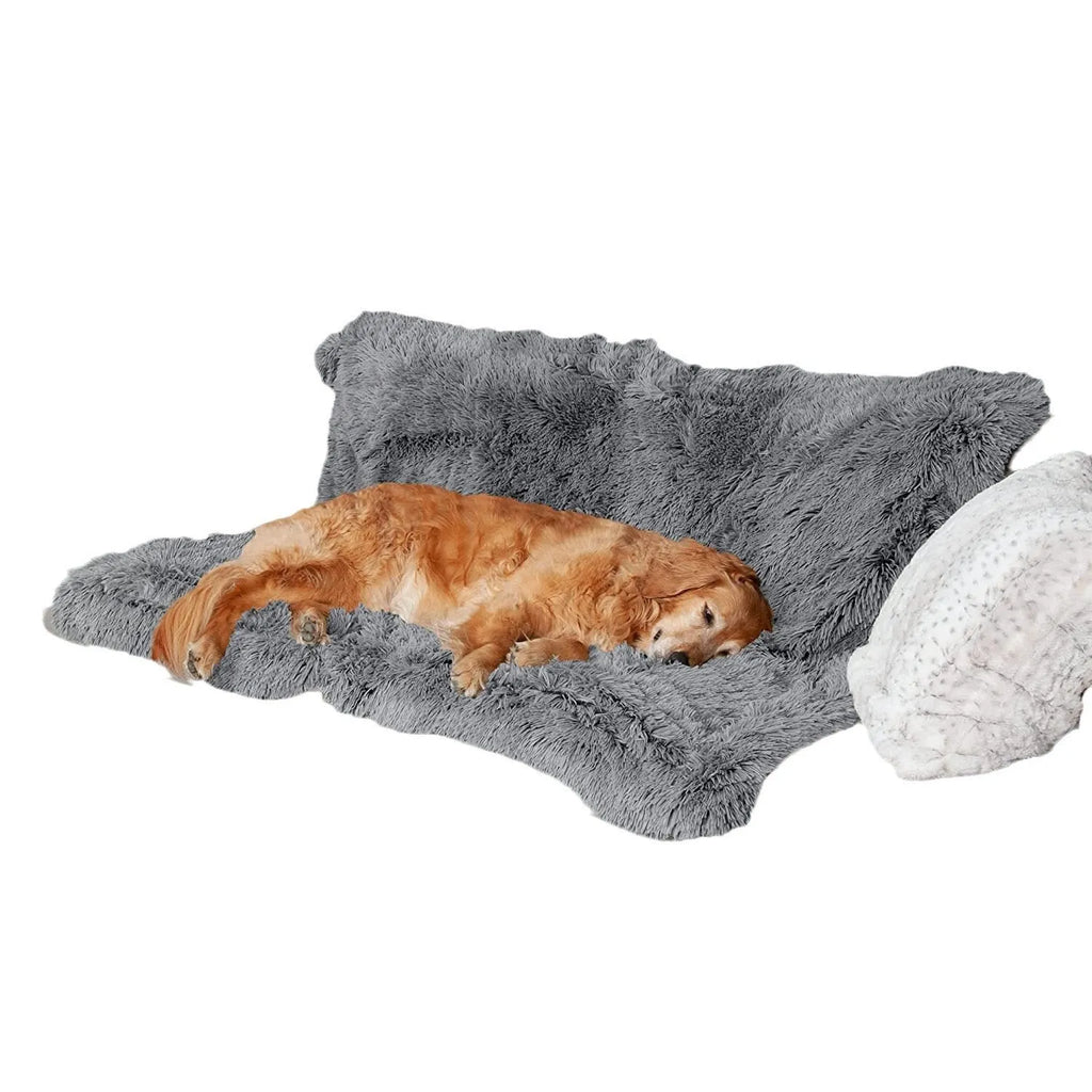 Plush waterproof dog cushion in dark grey showing double-layer thickening construction