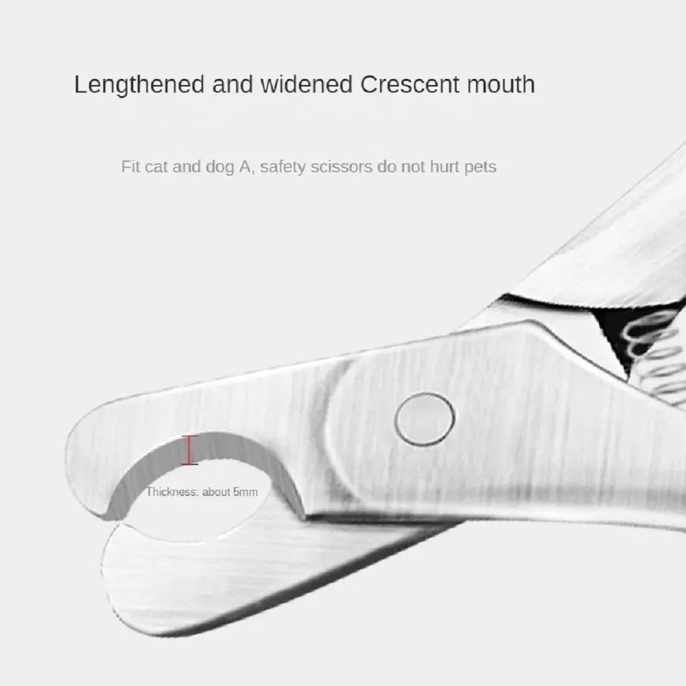 Silver professional pet nail clipper with curved stainless steel blade and finger guard for dog and cat grooming.