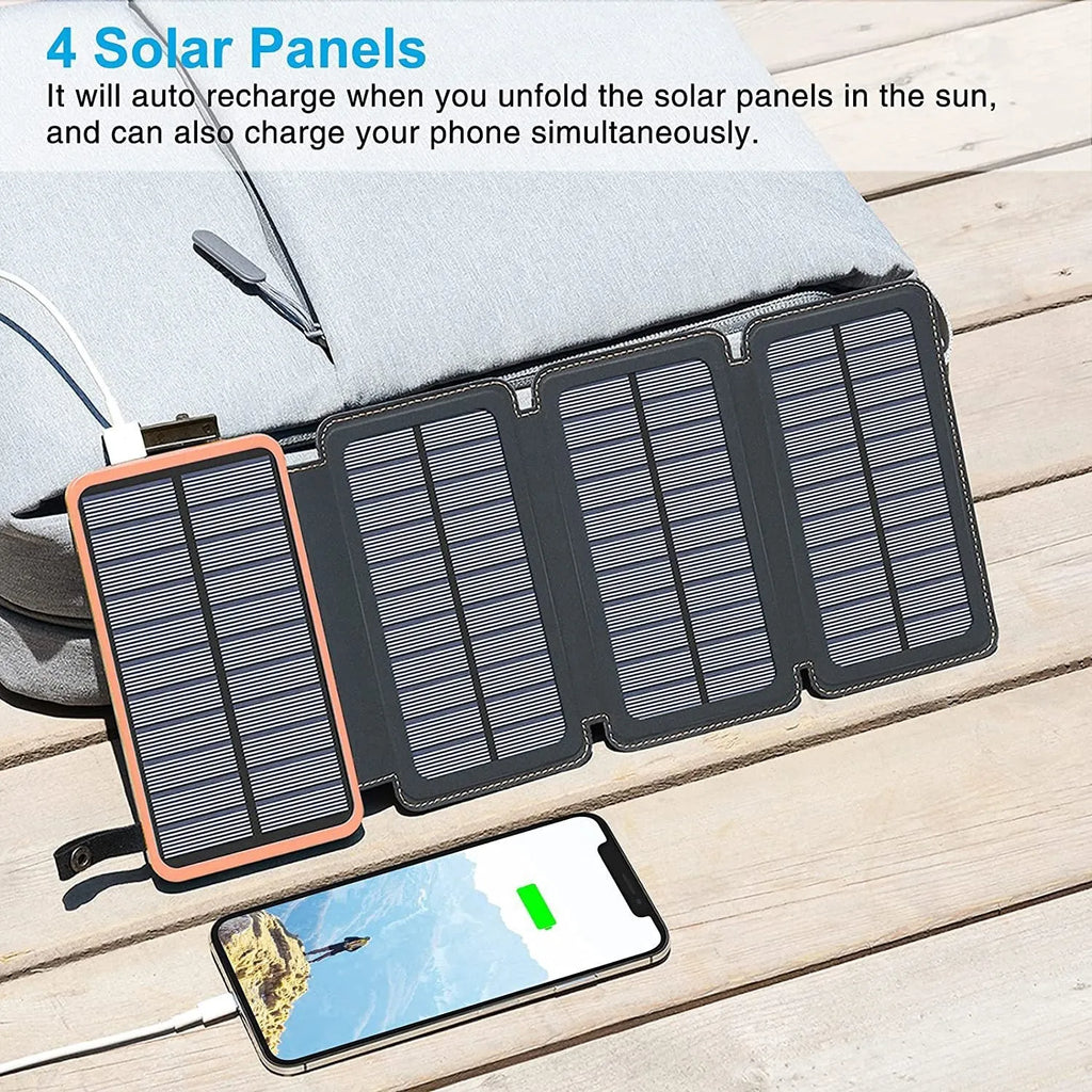 Outdoor solar power bank in black with solar panel, LED light, and soft leather exterior.