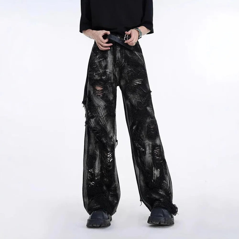 Men's heavyweight washed denim jeans in American high street wasteland graffiti style with micro elasticity