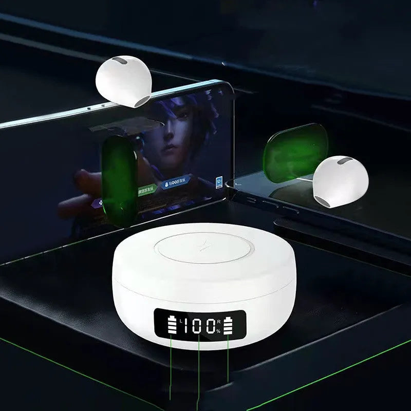 Mini semi-in-ear wireless headphones with charging case showing battery display in black or white
