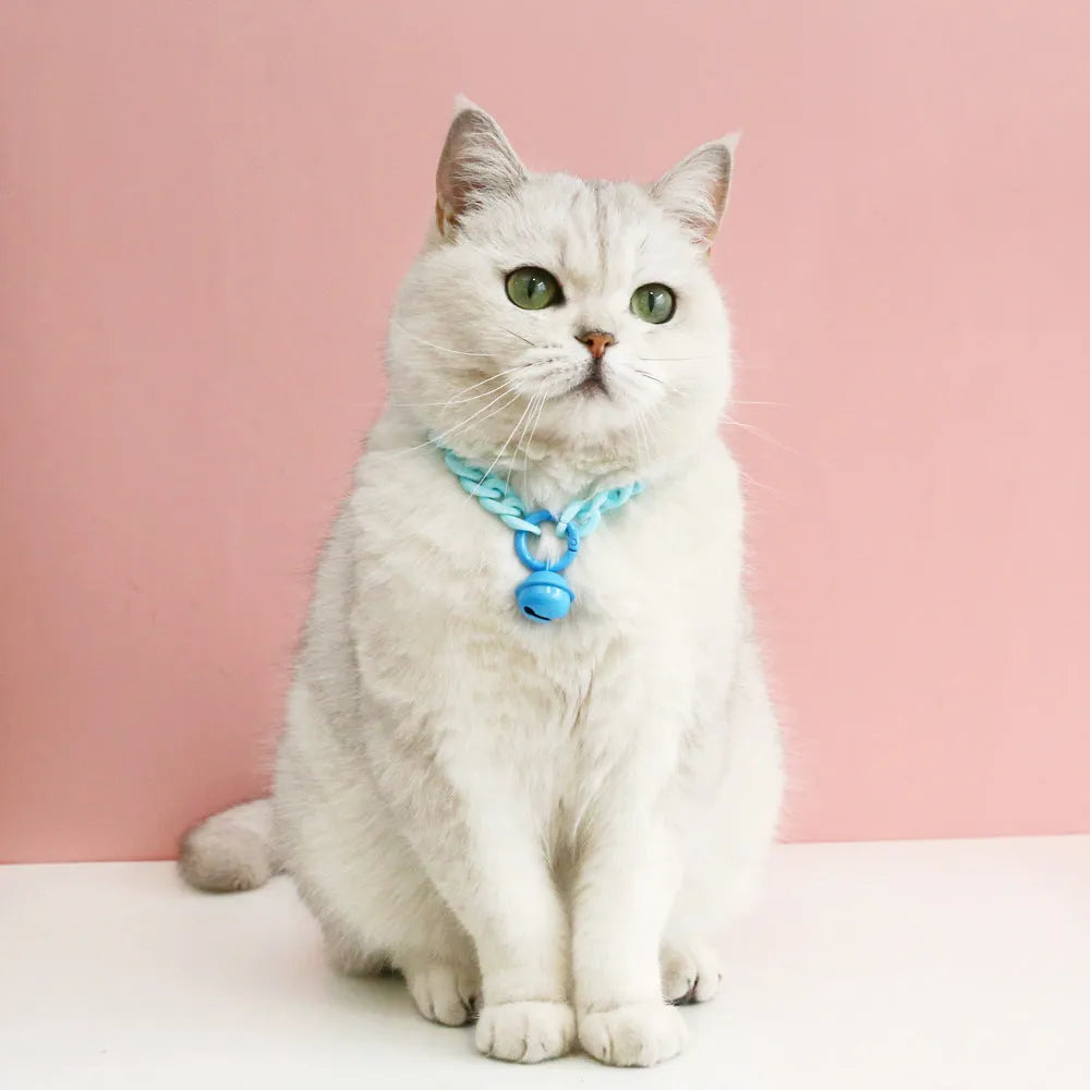 Plastic pet collar in macaron candy colours showing chain blue, pink, and mixed colour options for cats, dogs, and rabbits