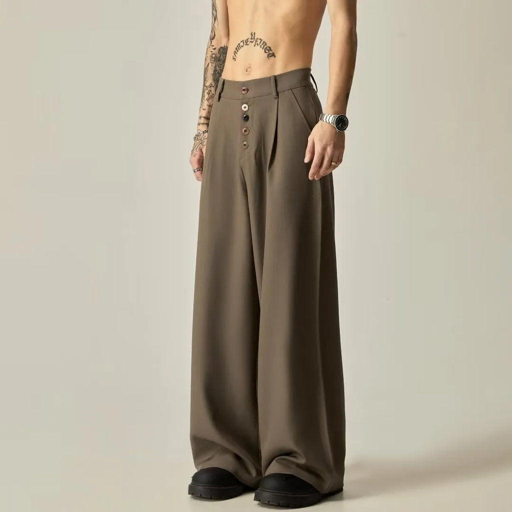 Men's solid colour polyester casual trousers with wide-leg design and elastic mid waist