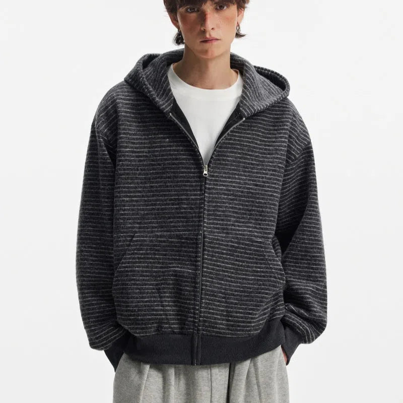 Hooded striped cardigan coat with zip front, long sleeves, loose unisex fit, apricot or black, sizes M to 2XL