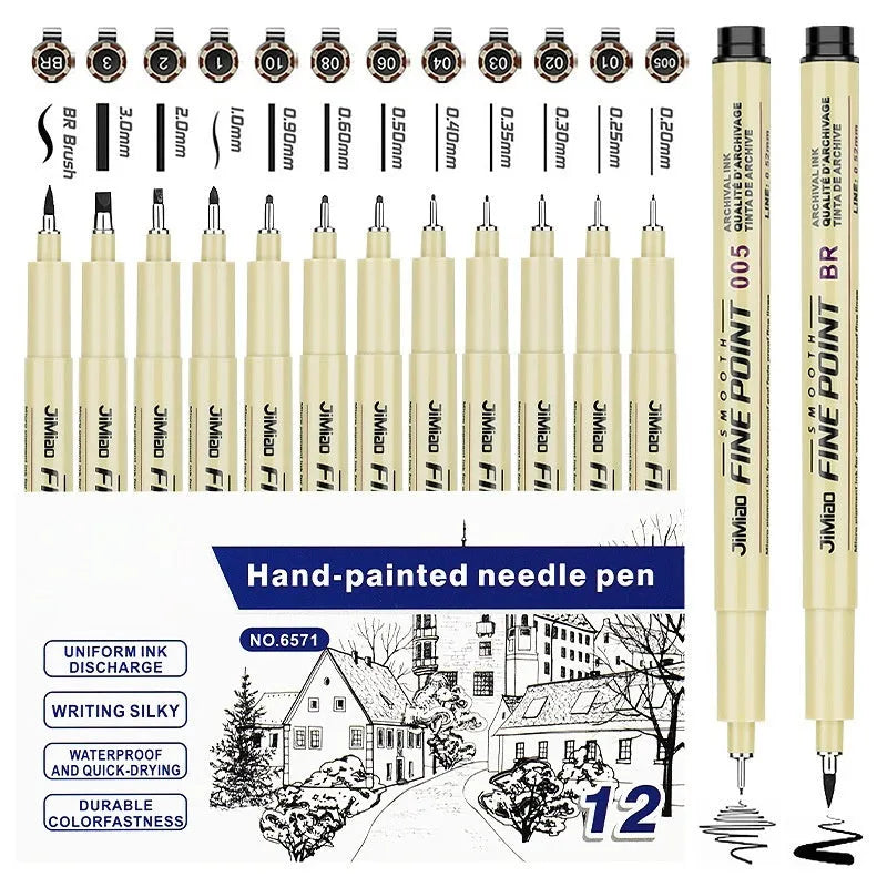 Waterproof needle pen drawing set with syringe-style design and black ink cartridge