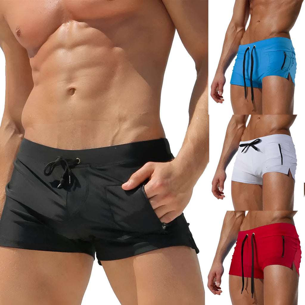 Men's high-waist lace-up polyester swimming trunks in solid colour on mannequin.