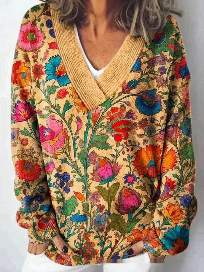 Women's V-neck sweatshirt with 3D floral pattern in art retro style