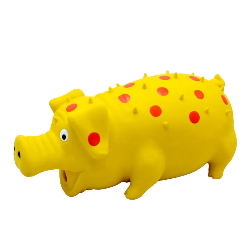 Latex pig-shaped dog chew toy with textured surface and squeaker in multiple colour options
