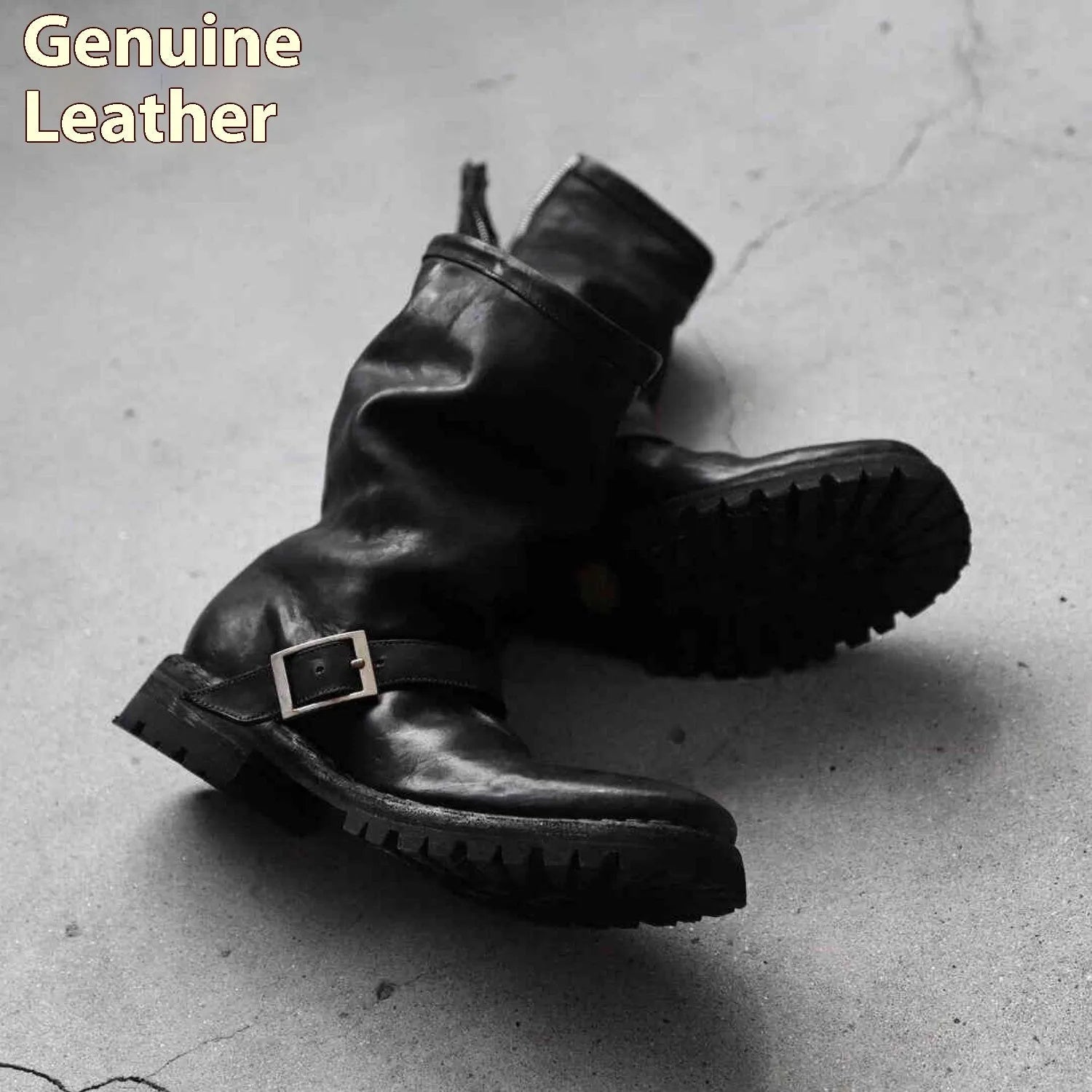 Men's black retro-style zip-up Martin boots with a round toe on a plain background.