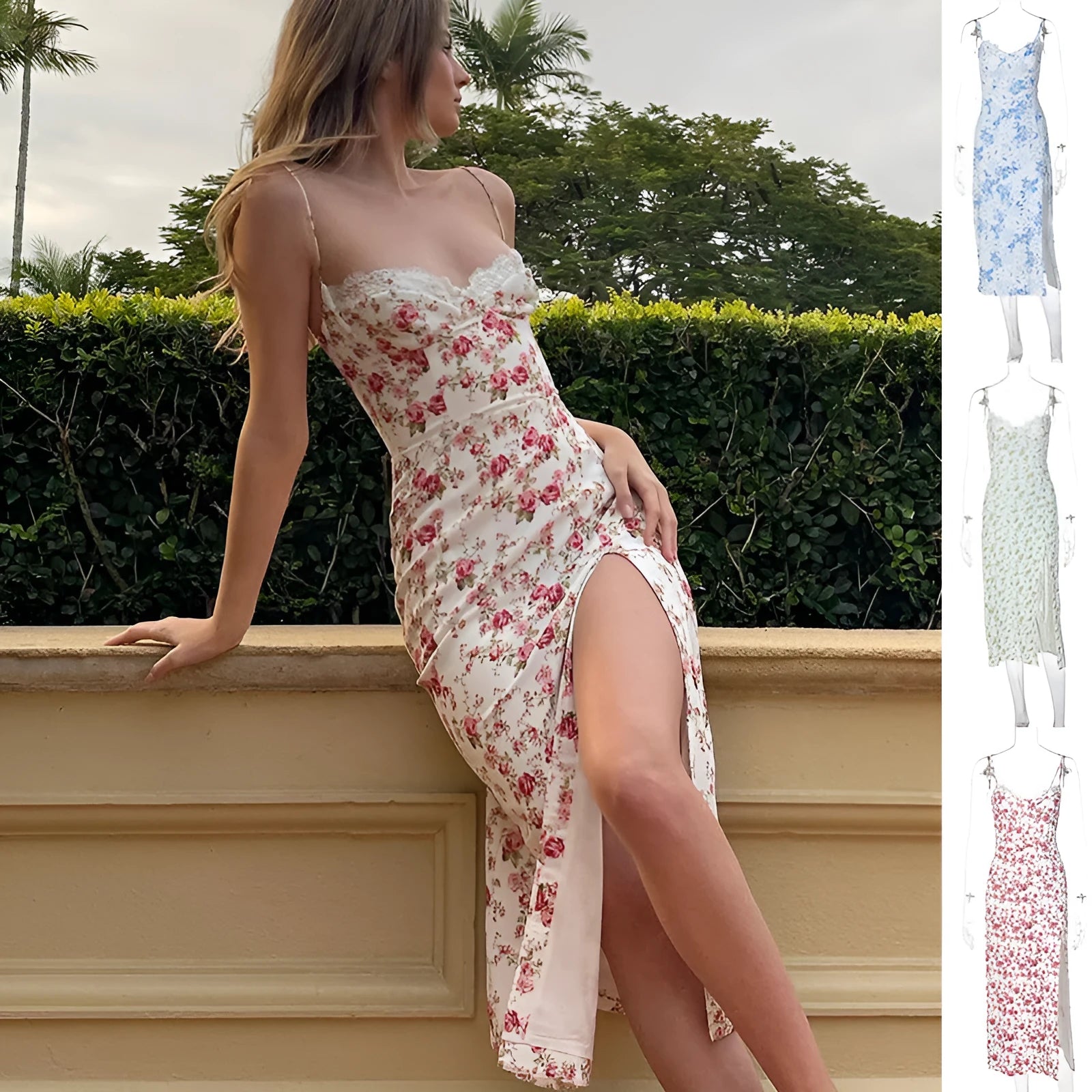 Women's long blue dress with lace flowers print, featuring suspender straps and a thigh-high slit.
