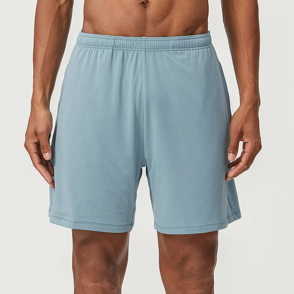 Men's quick-dry running shorts in brick red colour showing double-layer construction