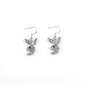 Close-up of alloy rabbit stud earrings with full diamond detail in silver, pink, or gold colour.