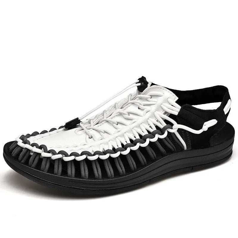 Woven Roman-style sandals with elastic drawstring tie and non-slip rubber sole