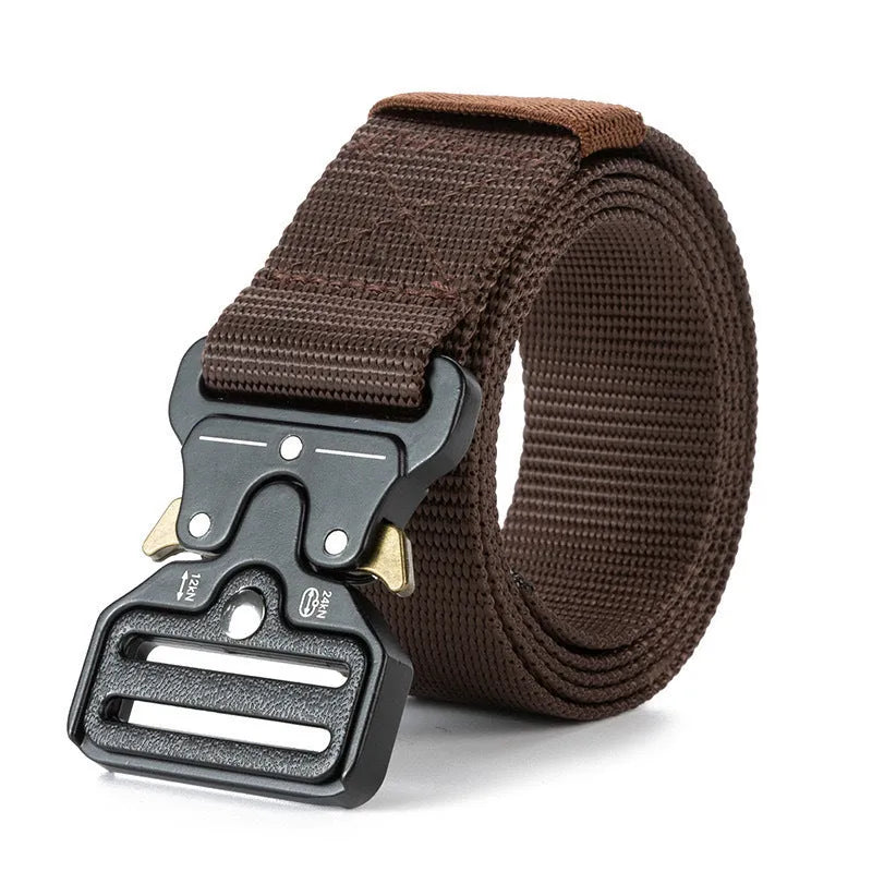 Men's thick canvas tactical belt with alloy buckle in 120cm length on colour background