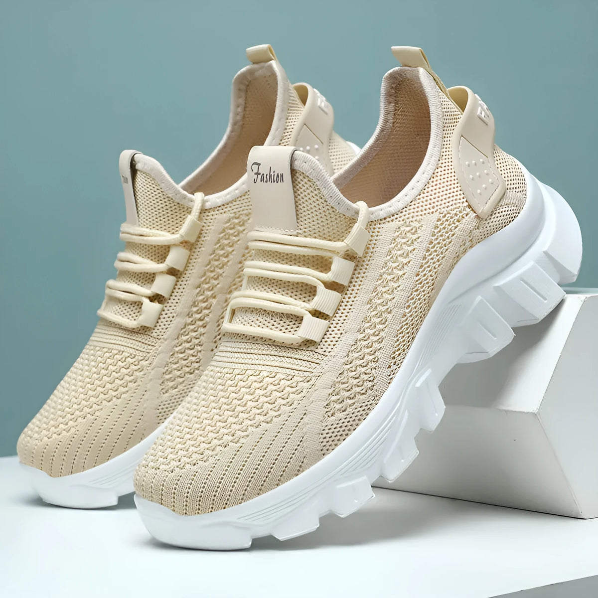 Women's white Flyknit running sneakers with a thick PVC sole and lace-up front.