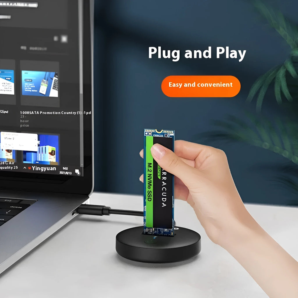 Black external SSD enclosure for NVME M.2 drives with USB Type-C port