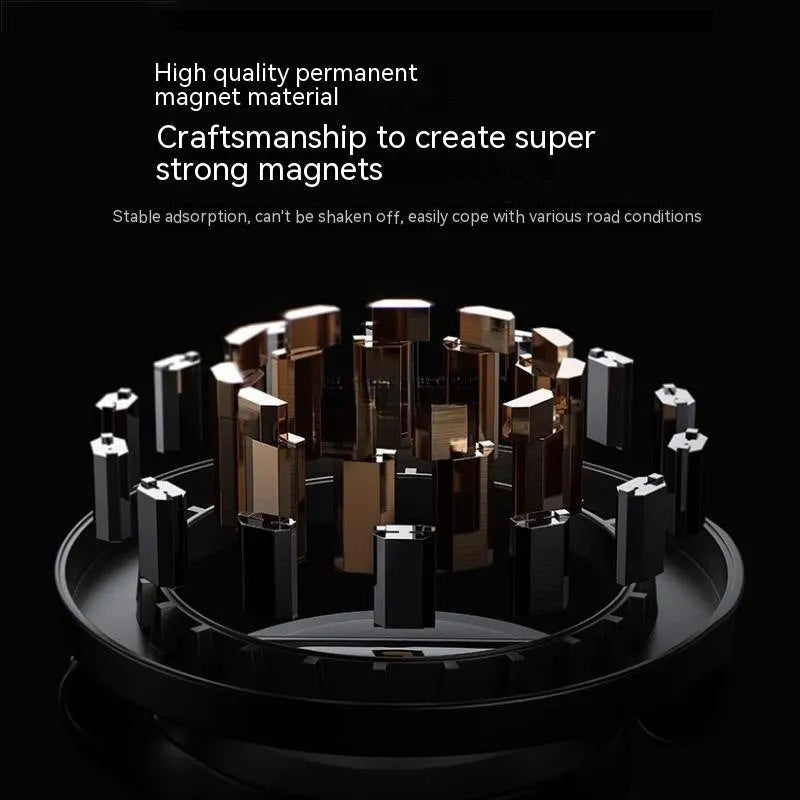 Black all-metal foldable magnetic car phone mount attached to a car dashboard.